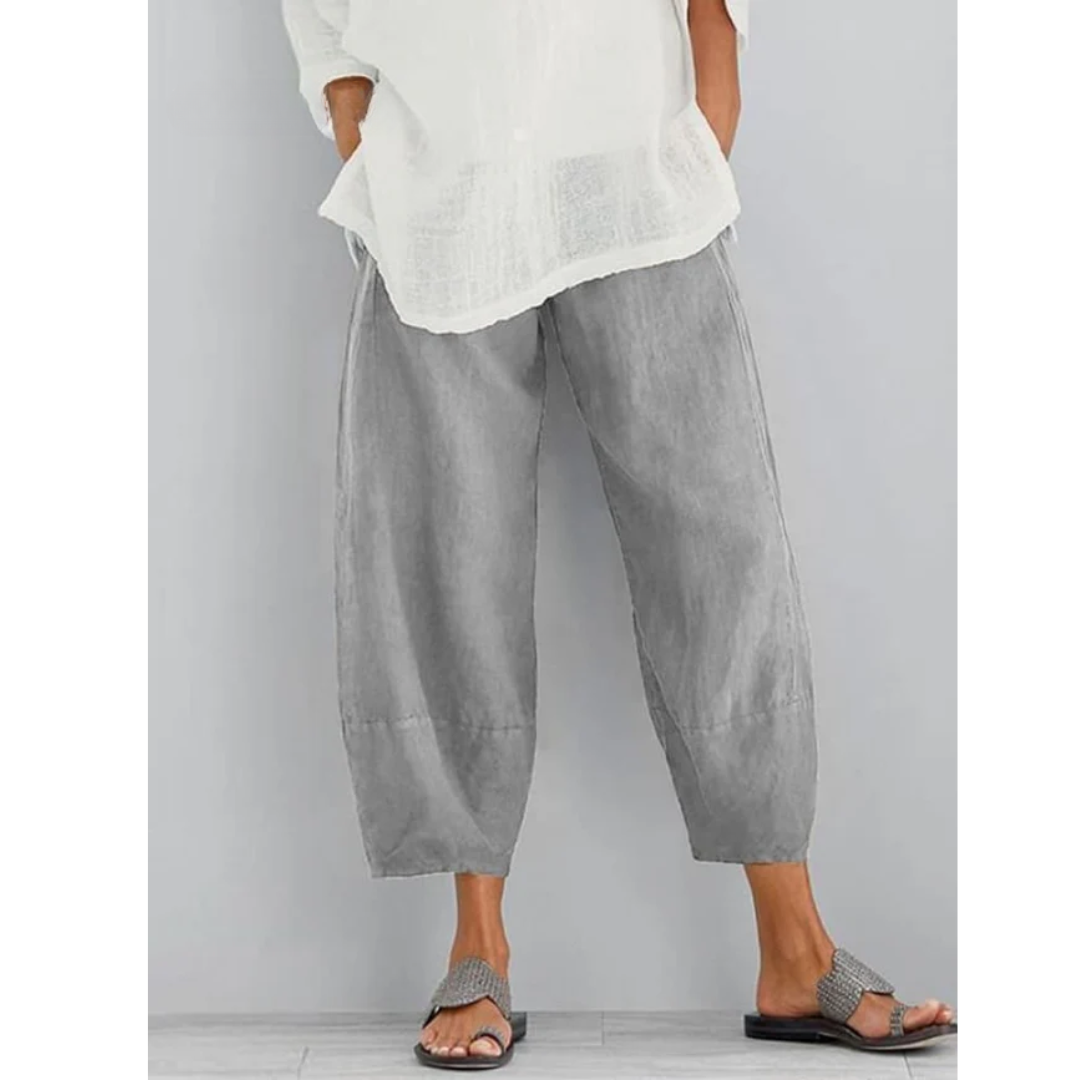 Stylish gray linen pants, perfect comfortable trousers for casual wear and everyday elegance.