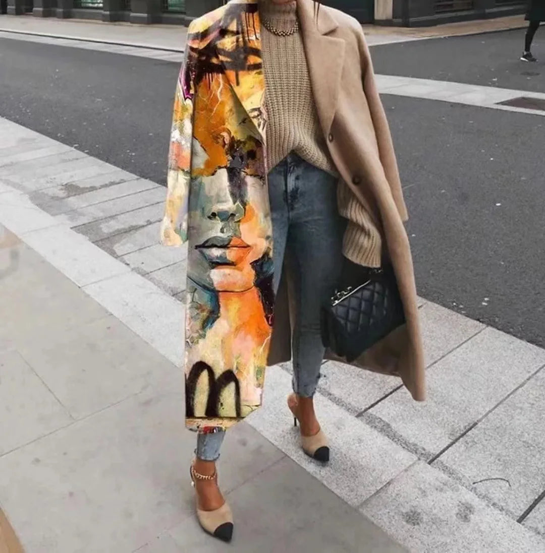 A woman confidently wearing a chic oversized coat in an urban setting.