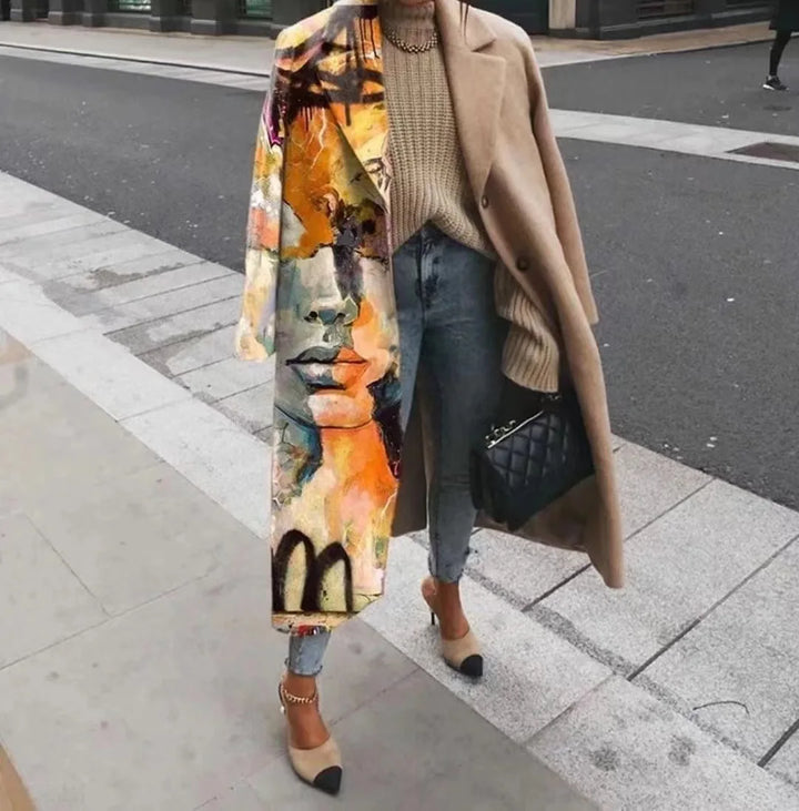 A woman confidently wearing a chic oversized coat in an urban setting.