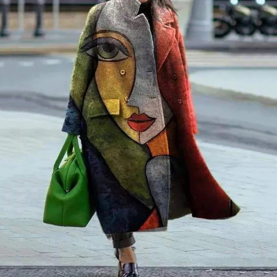 Front view of a stylish oversized coat in a versatile fashion design.