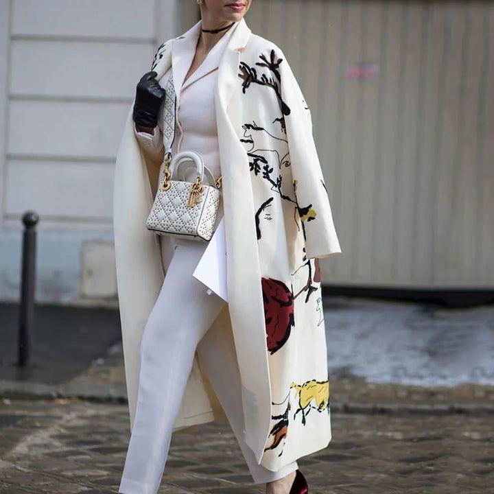 Oversized coat shown open, revealing its versatile layering potential.
