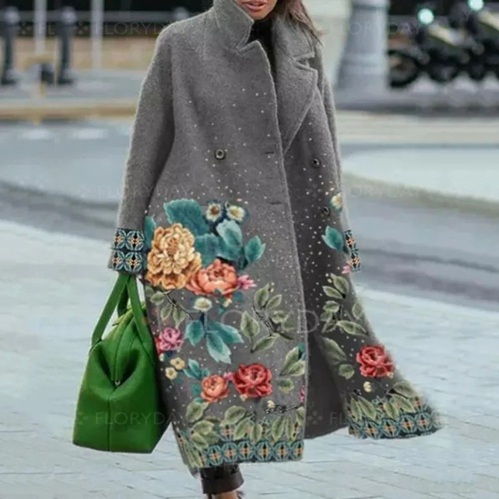 Detailed shot of the chic oversized coat's fabric and tailoring.