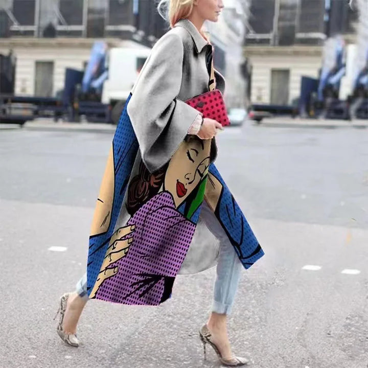 Close-up on the stylish details of the chic oversized coat.