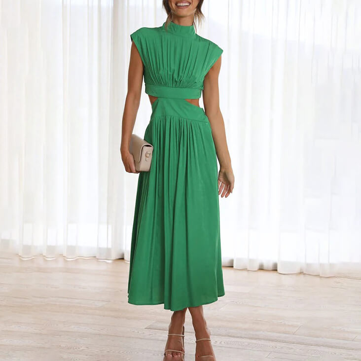 Chic pleated cap sleeve midi dress for women. Elegant, flowy, and perfect for summer parties or casual wear.