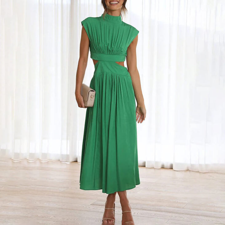 Chic pleated cap sleeve midi dress for women. Elegant, flowy, and perfect for summer parties or casual wear.