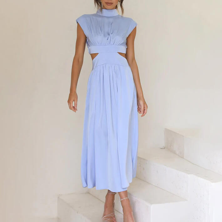Versatile pleated midi dress for women, featuring chic cap sleeves and a flattering fit. Great for summer & parties.