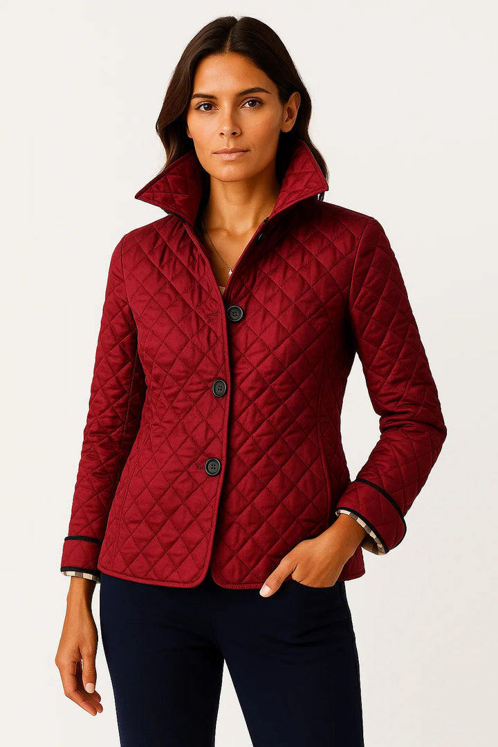 Women's winter coat featuring a chic quilted pattern for fashionable outerwear in red.