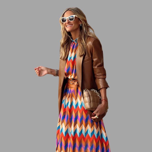 Stylish women's midi dress with eye-catching herringbone pattern