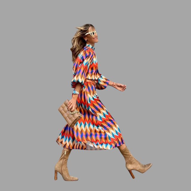 Elegant patterned midi dress in vibrant colors