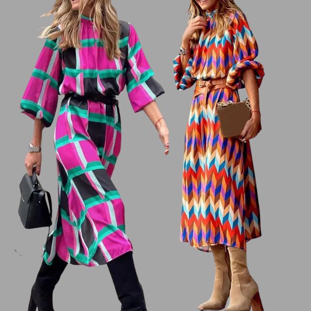 Fashionable women's midi dress showcasing a unique herringbone pattern
