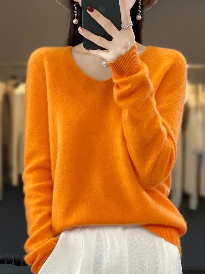 Woman wearing cozy long sleeve pullover