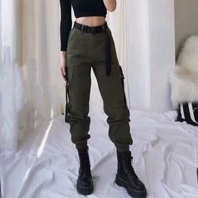 Fashionable black elastic waist cargo pants for women.