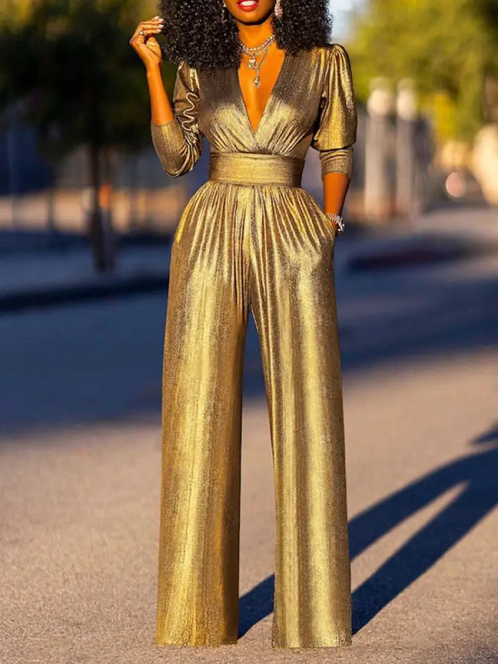Party-ready shiny jumpsuit for women in gold and green.