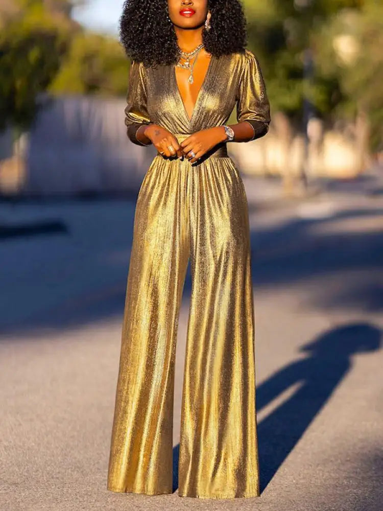 Glamorous look with this shiny green and gold women's jumpsuit.
