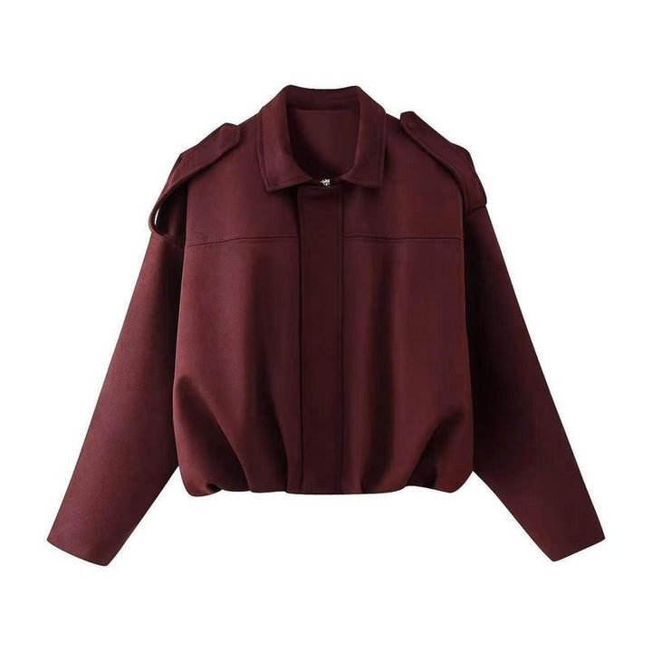 Women's vintage-style faux suede bomber jacket by Chic und Stil, shown open