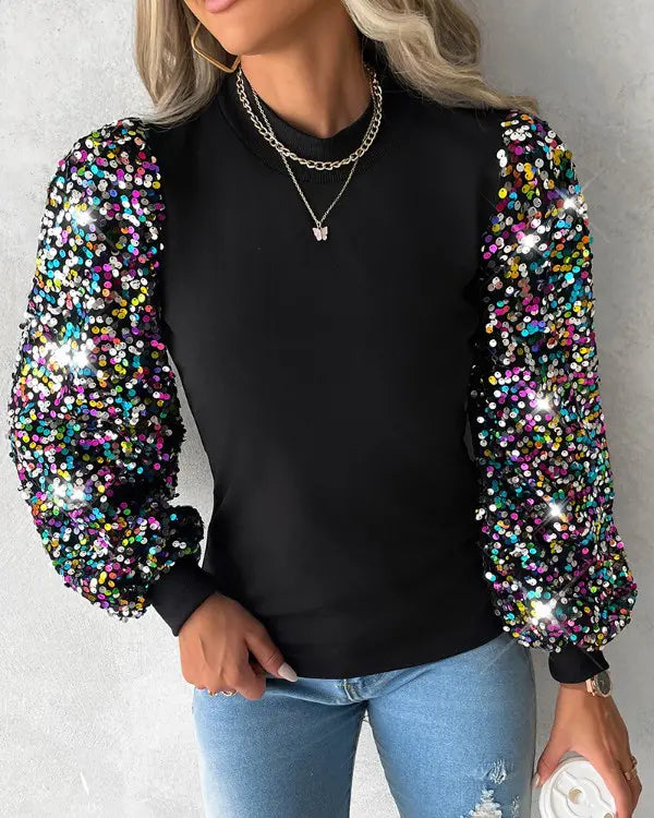 Chic women's balloon sleeve blouse with elegant sequin details and a stylish contrast panel, perfect for office or casual wear.