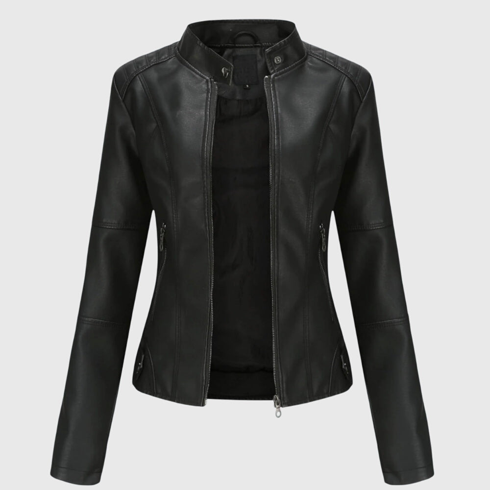 Chic women's black moto style jacket. Elegant slim fit fashion outerwear, perfect for versatile everyday layering.
