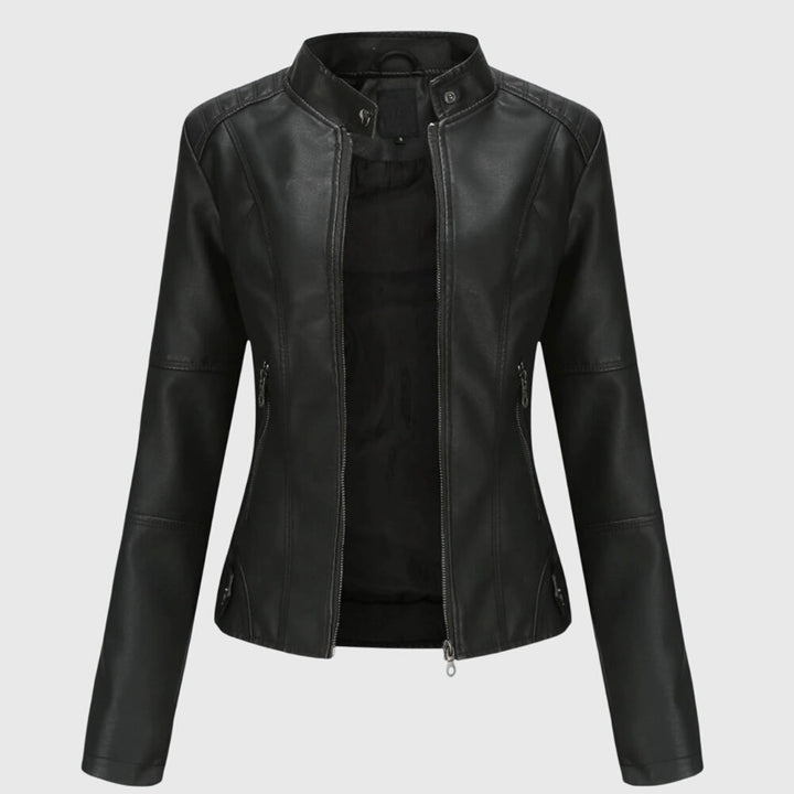 Chic women's black moto style jacket. Elegant slim fit fashion outerwear, perfect for versatile everyday layering.