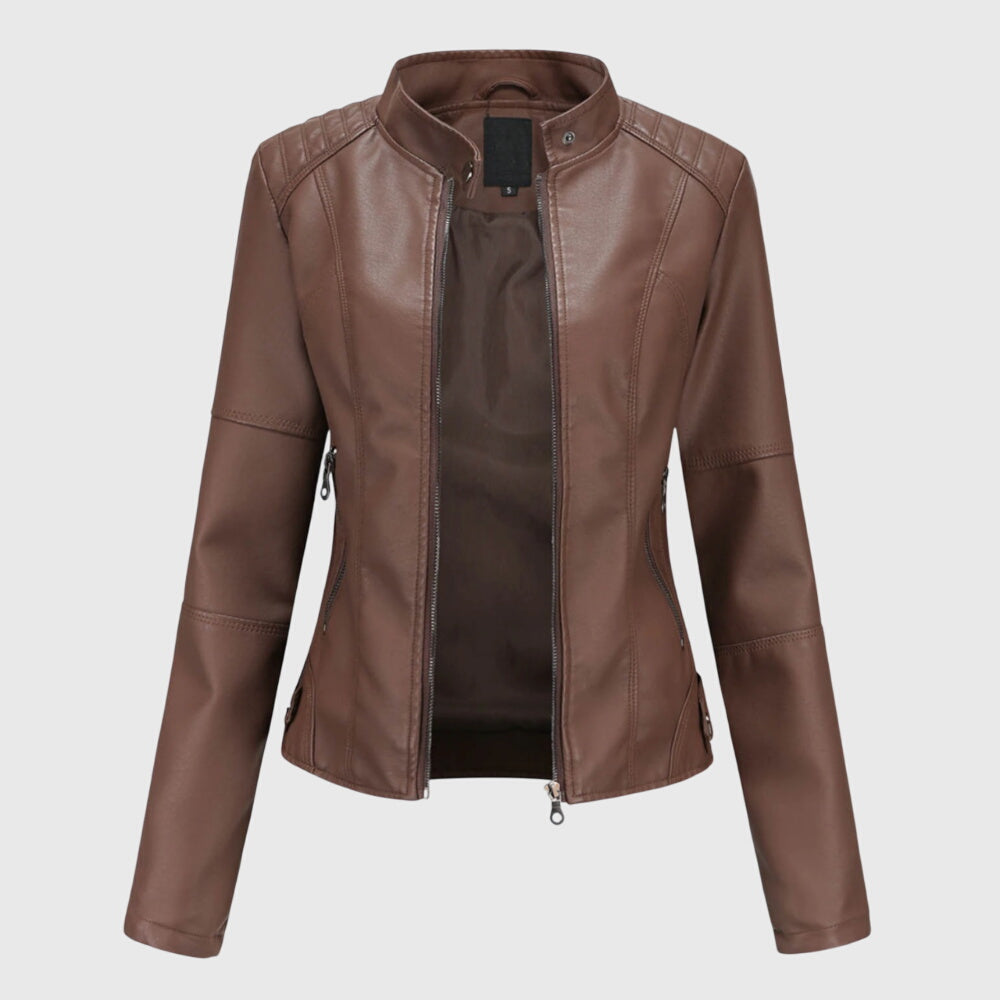 Stylish women's brown moto jacket. Versatile fashion outerwear for elegant autumn & spring casual everyday style.
