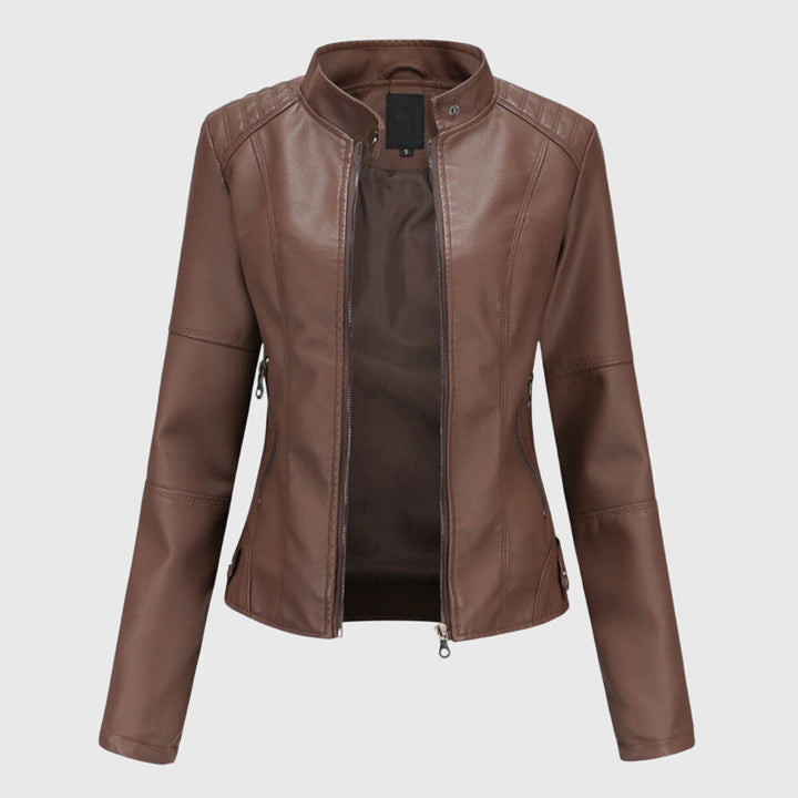 Stylish women's brown moto jacket. Versatile fashion outerwear for elegant autumn & spring casual everyday style.