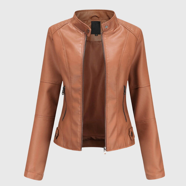 Women's red slim fit moto style jacket. Chic fashion outerwear, a versatile layering piece for modern women.