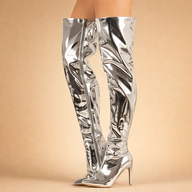 Stylish women's over-the-knee tall boots, available in black or silver, featuring a pointed toe for a chic look.
