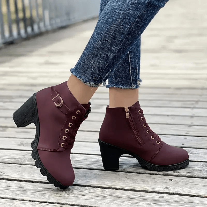 Comfortable women's block heel ankle boots with elegant buckle detail. Perfect for stylish everyday wear.