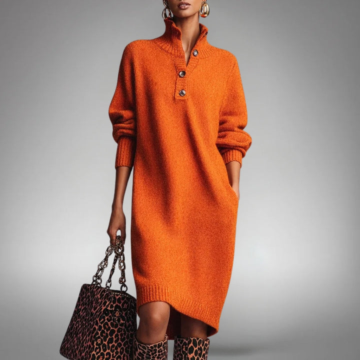 Chic women's button collar long sleeve midi dress, versatile for casual and everyday autumn/winter wear.