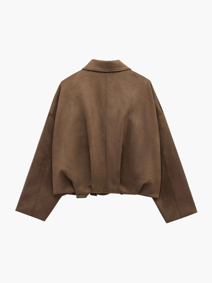 Full shot of a women's chic collared bomber jacket, showcasing its versatile style.