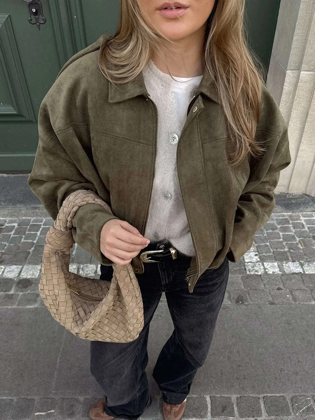 Versatile women's chic bomber jacket, easily transitions from casual to elegant wear.