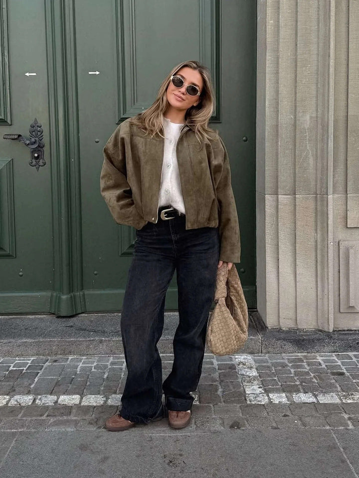 Classic collared bomber jacket for women, a stylish and chic addition to any outfit.
