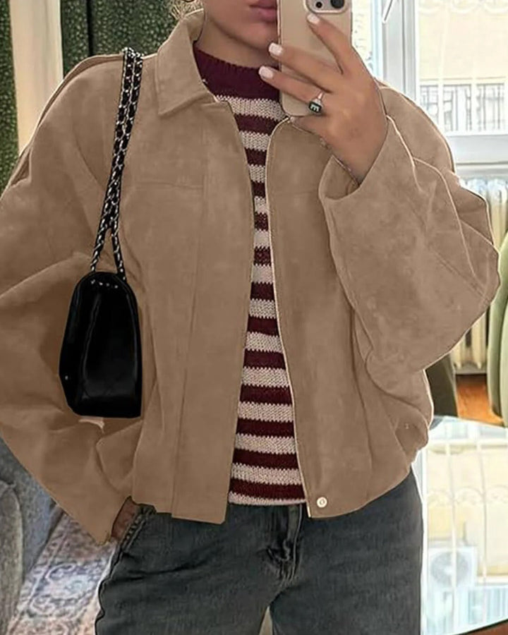 Women's chic collared bomber jacket, a stylish & versatile piece of outerwear.