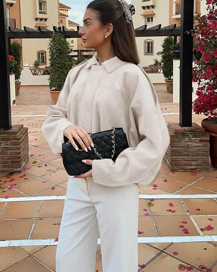 Autumn/spring women's collared bomber jacket, offering chic style and comfort.