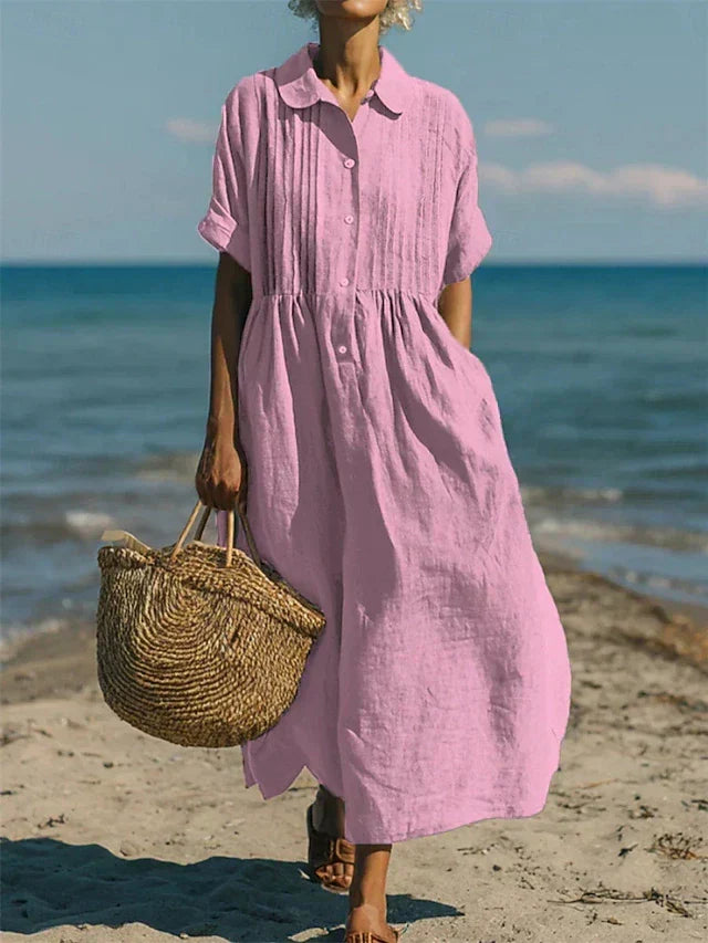 Versatile women's collared button midi dress, ideal for elegant everyday & casual wear.