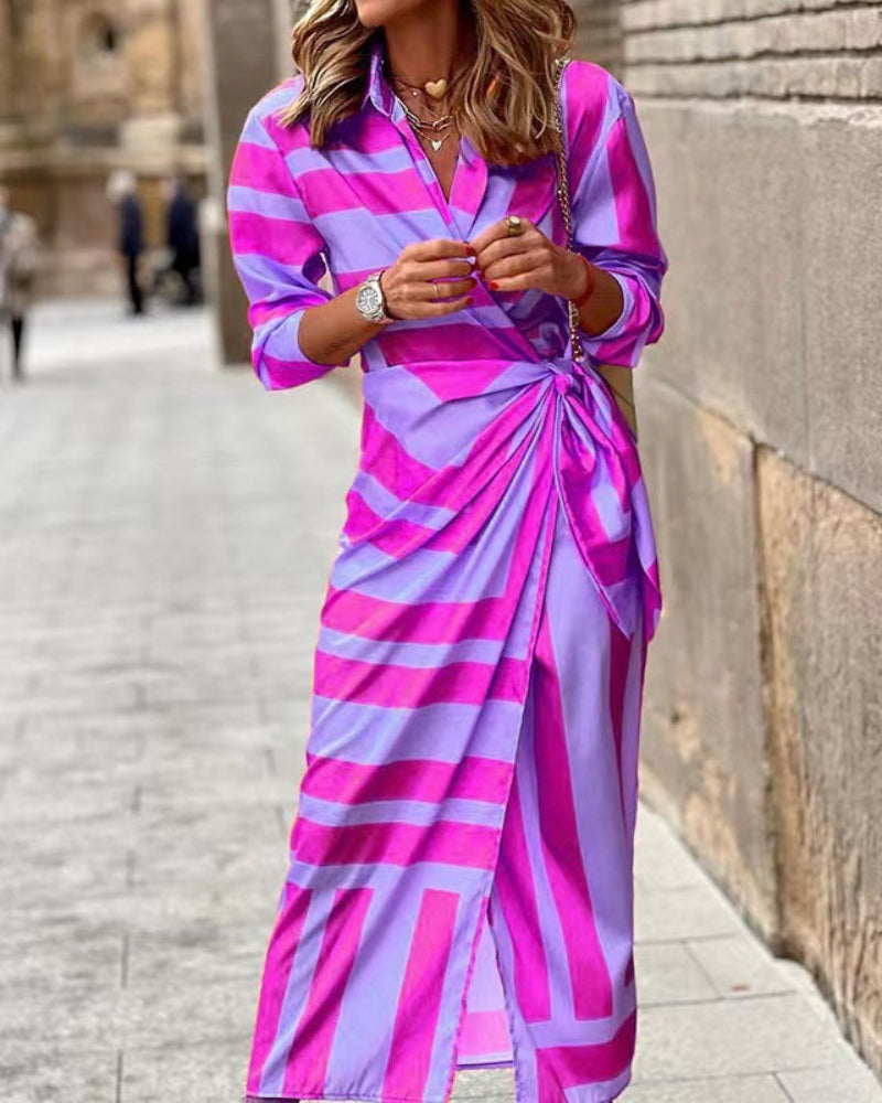 Flowy women's summer wrap dress featuring a modern collar and flattering fit.