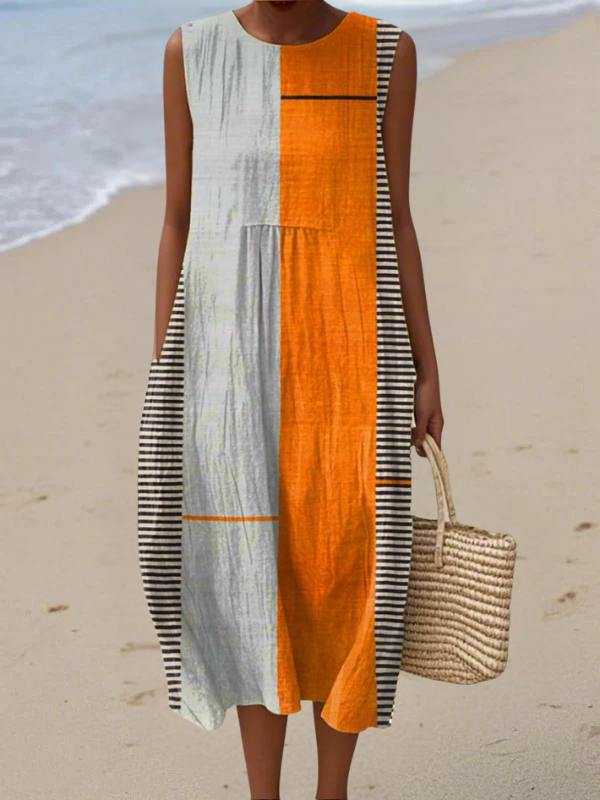 Chic women's colorblock sleeveless midi dress. Multicolor, relaxed fit. Perfect for summer casual or elegant wear.
