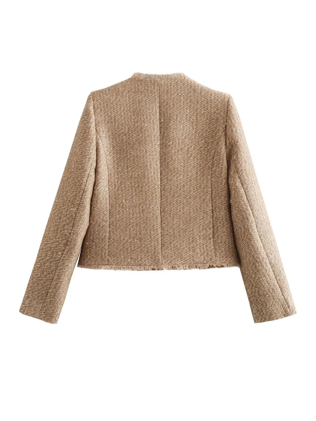 Chic women's cropped button-front blazer, a modern outerwear piece for elegant fashion & sophisticated layering.