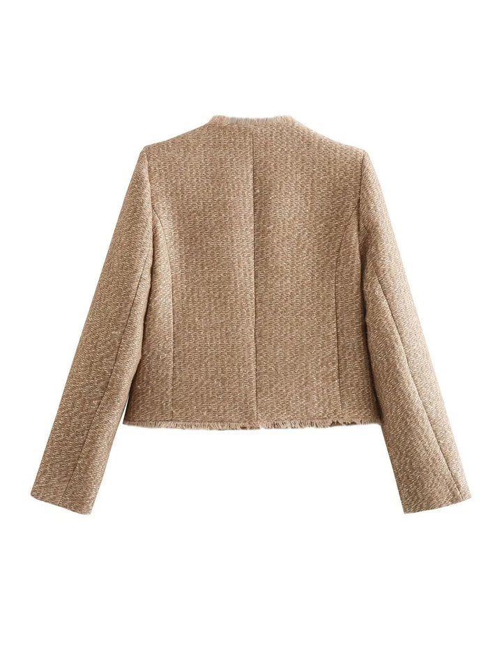 Chic women's cropped button-front blazer, a modern outerwear piece for elegant fashion & sophisticated layering.