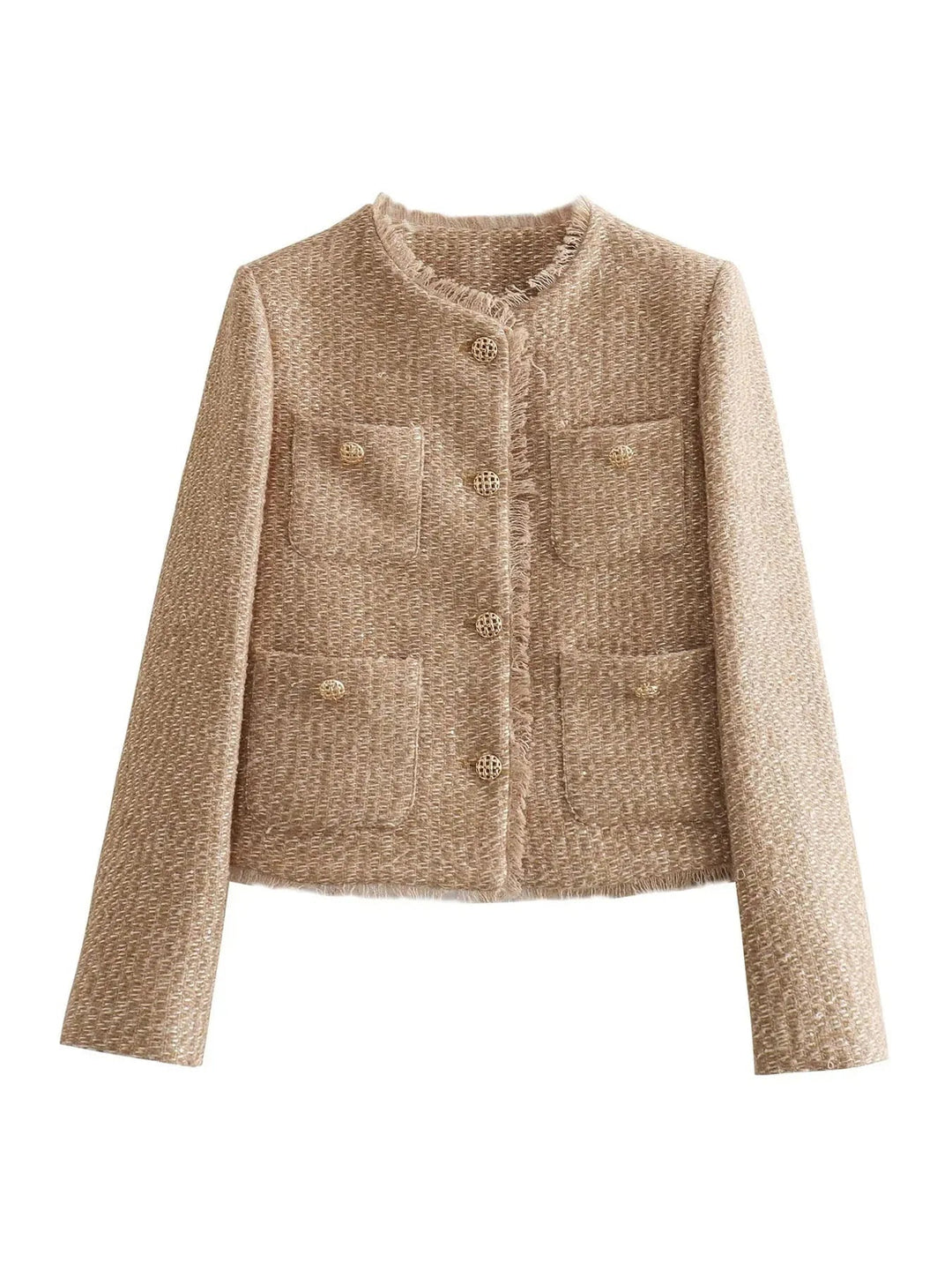 Modern women's cropped blazer with prominent buttons, ideal for both formal wear & chic versatile layering.