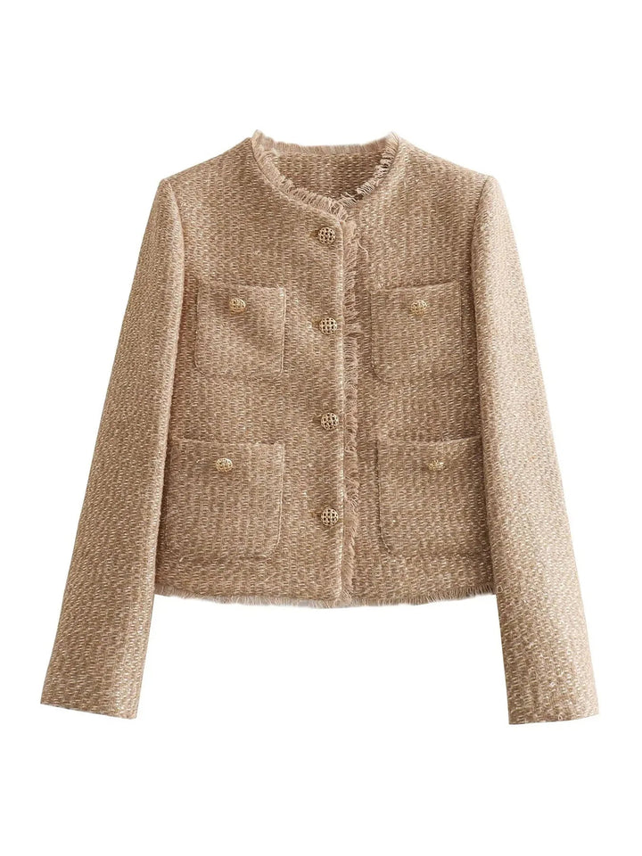 Modern women's cropped blazer with prominent buttons, ideal for both formal wear & chic versatile layering.