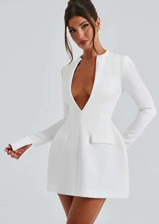 Chic women's deep V plunge long sleeve blazer mini dress for eveningwear. Perfect for parties & cocktails.