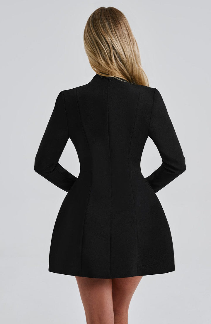 Women's deep V plunge blazer mini dress with long sleeves. A chic and sophisticated choice for eveningwear.
