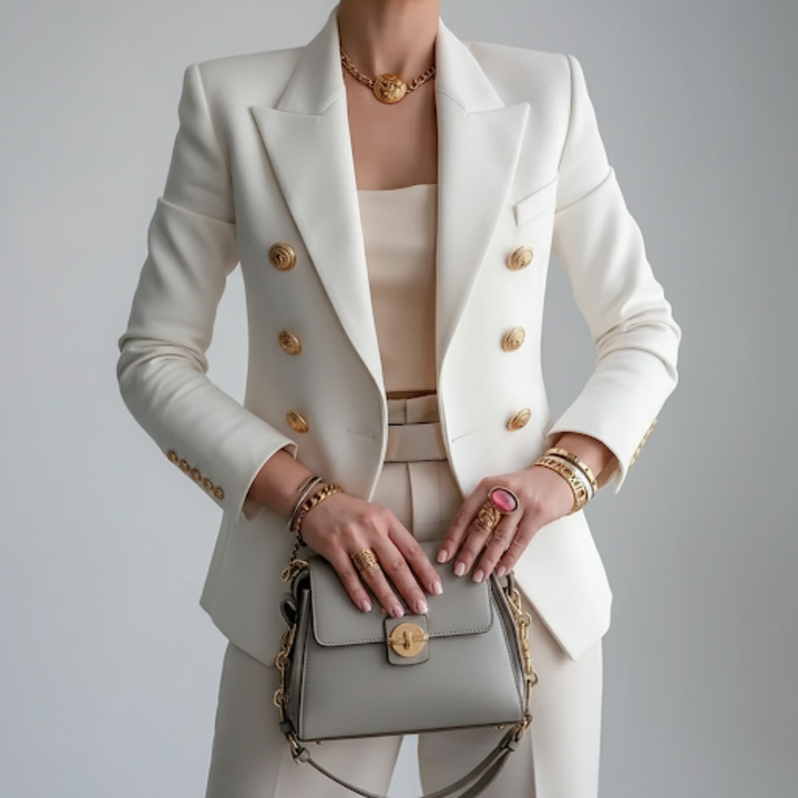 Chic women's double-breasted blazer with prominent gold buttons. Versatile tailored jacket for formal, casual, or workwear.