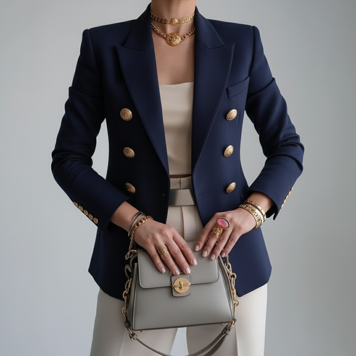 Fashionable women's tailored blazer jacket featuring a chic double-breasted cut and elegant gold buttons. Great for workwear.