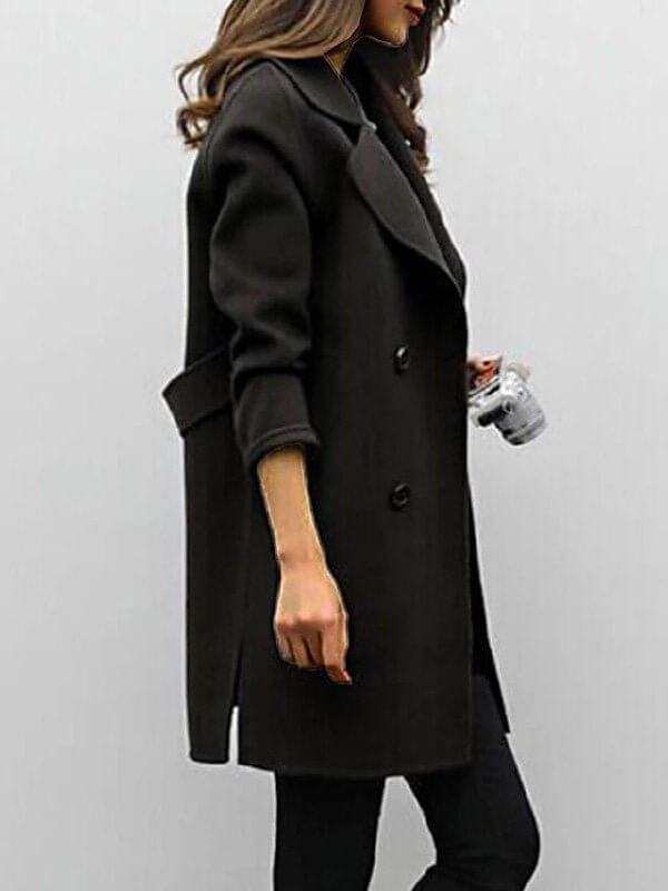 Fashionable women's double-breasted winter coat. Chic long jacket, elegant outerwear for versatile cold-weather style.