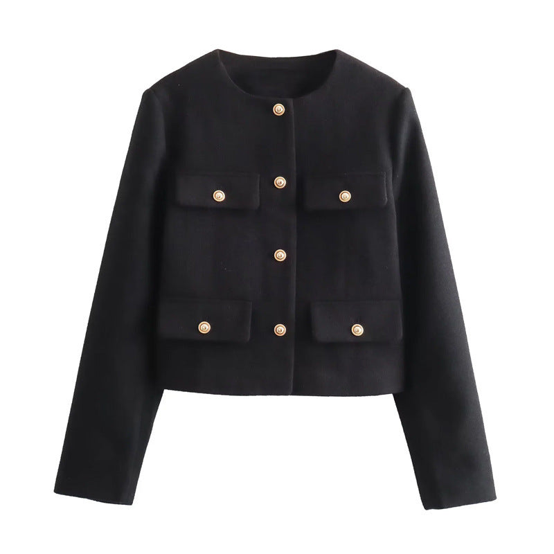 Chic women's gold-button cropped jacket. Elegant tailored blazer, perfect for smart casual or workwear.