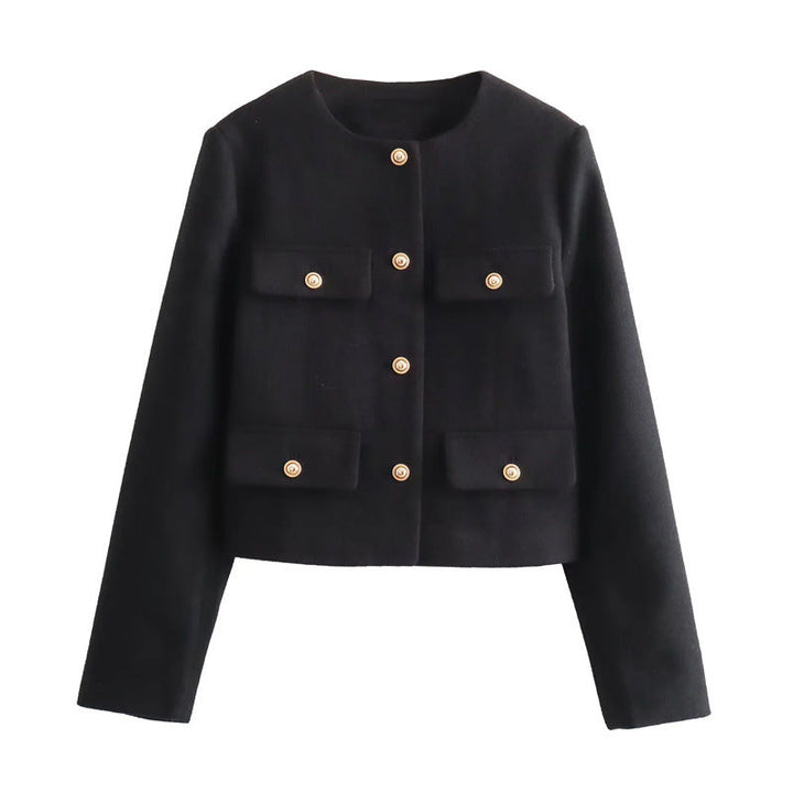 Chic women's gold-button cropped jacket. Elegant tailored blazer, perfect for smart casual or workwear.