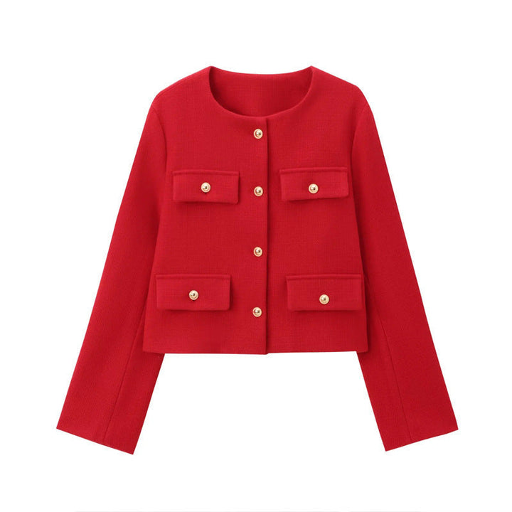 Elegant women's cropped jacket with long sleeves and chic gold buttons. Smart casual day to night fashion.