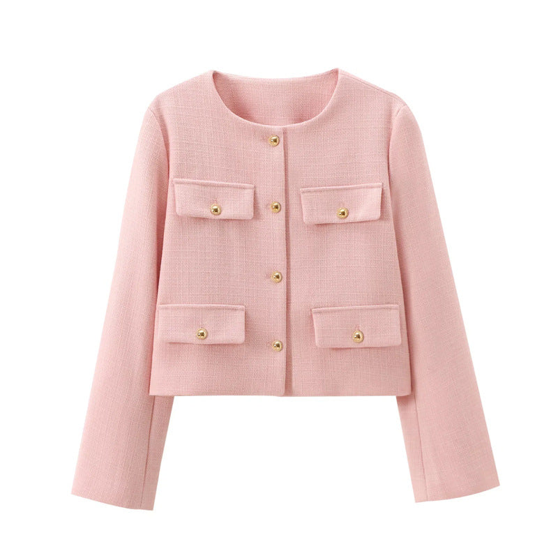 Smart casual women's cropped jacket. Features elegant gold buttons, perfect for work or stylish outings.