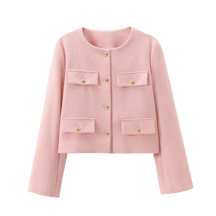 Smart casual women's cropped jacket. Features elegant gold buttons, perfect for work or stylish outings.